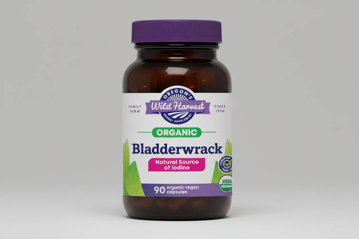 Oregon's Wild Harvest Bladderwrack supplement bottle with purple cap