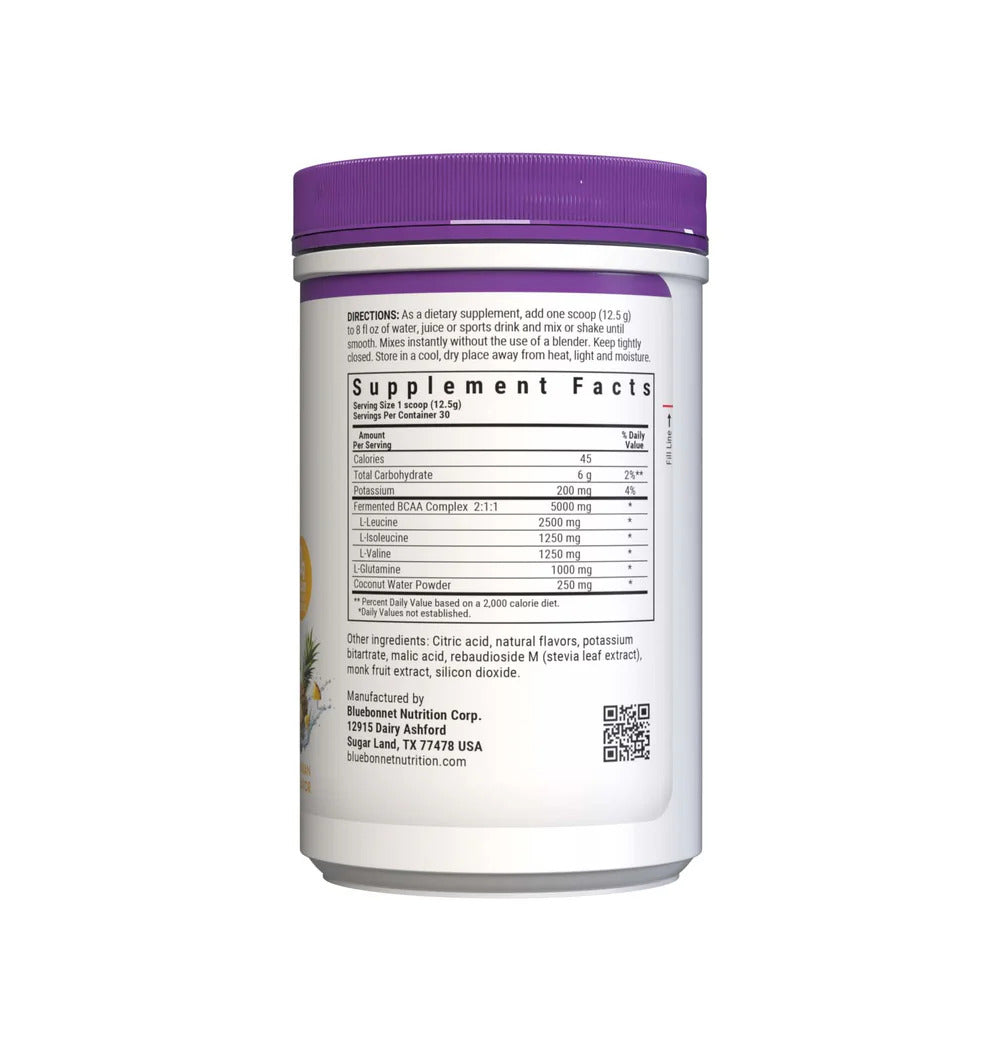 Supplement container with purple lid and white body displaying supplement facts on a white background