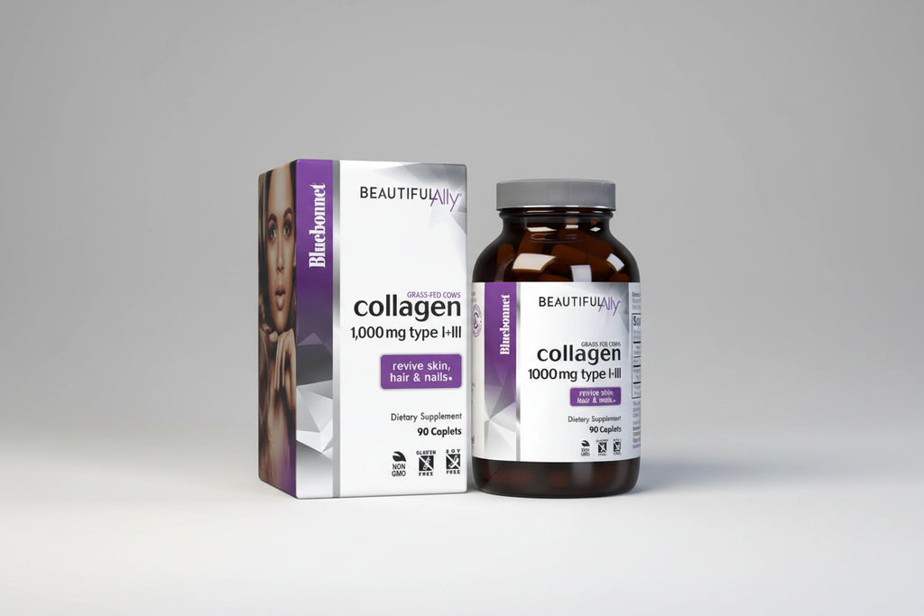 Collagen supplement bottle and packaging with 'Beautiful Ally' branding on a white background