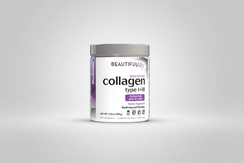 Collagen powder container with 'Beautiful Ally' branding on a white background
