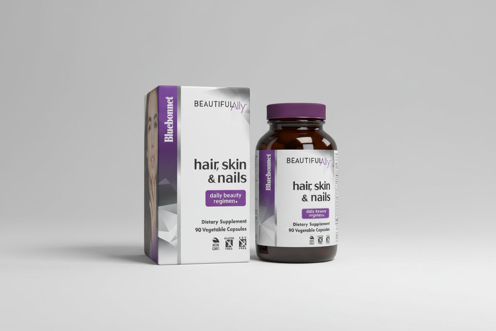 Bluebonnet Beautiful Ally hair, skin, and nails supplement bottle and packaging on a white background