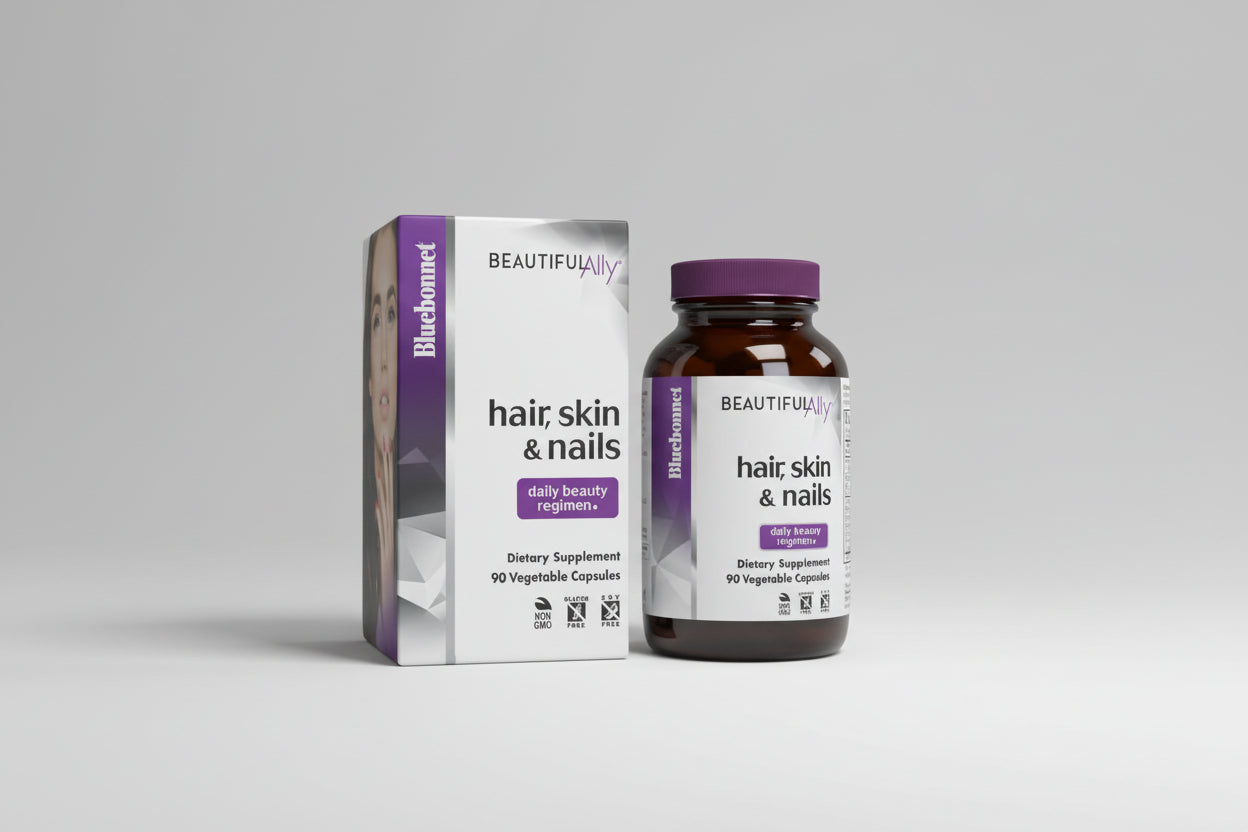 Bluebonnet Beautiful Ally hair, skin, and nails supplement bottle and packaging on a white background