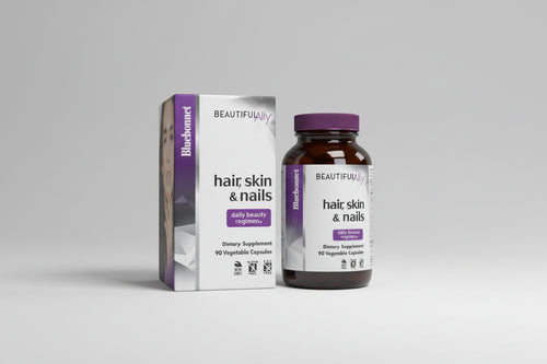 Bluebonnet Beautiful Ally hair, skin, and nails supplement bottle and packaging on a white background