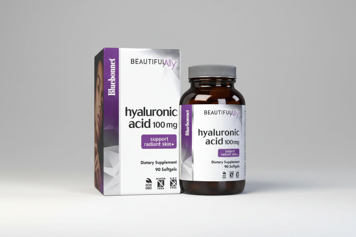 Bluebonnet hyaluronic acid supplement bottle and packaging on a white background