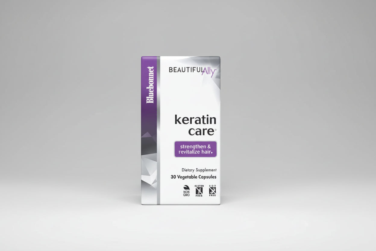 Bluebonnet Beautiful Ally Keratin Care supplement box on a white background