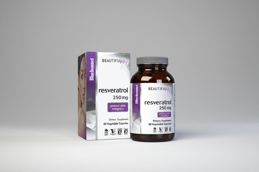 Bluebonnet resveratrol dietary supplement bottle and packaging on a white background