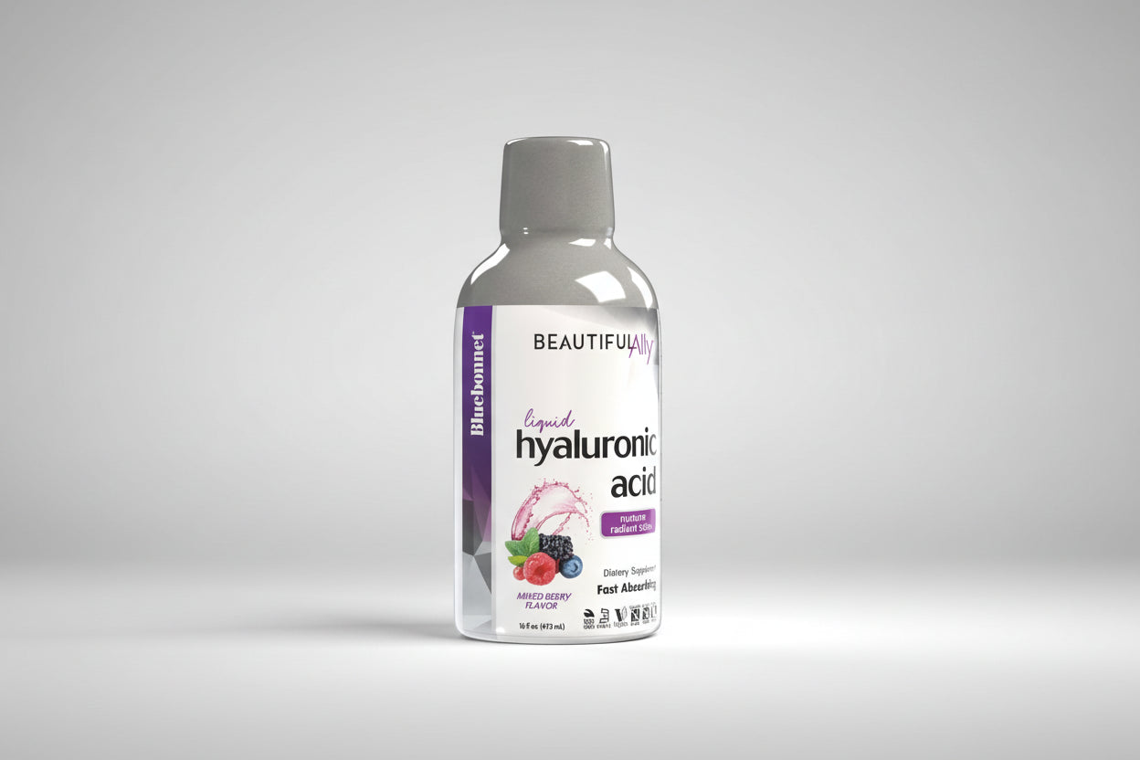 Bottle of Bluebonnet Beautifully liquid hyaluronic acid supplement on a white background