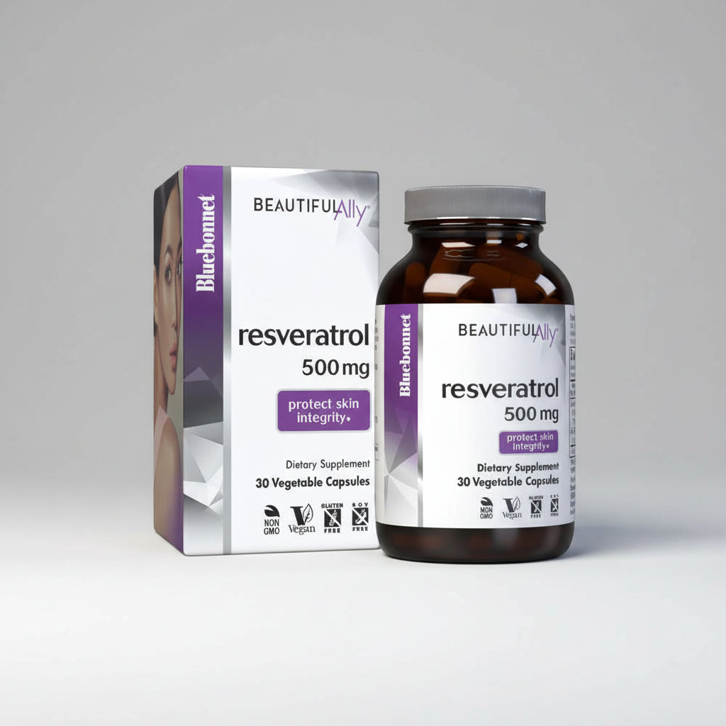 Bluebonnet resveratrol supplement bottle and packaging on a white background
