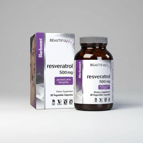 Bluebonnet resveratrol supplement bottle and packaging on a white background