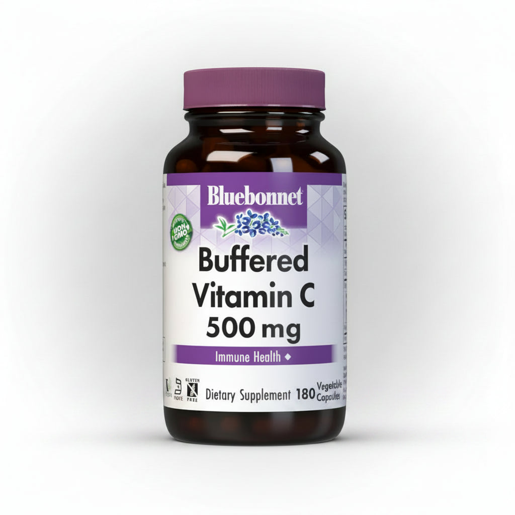 Bluebonnet Buffered Vitamin C 500 mg supplement bottle on a white background