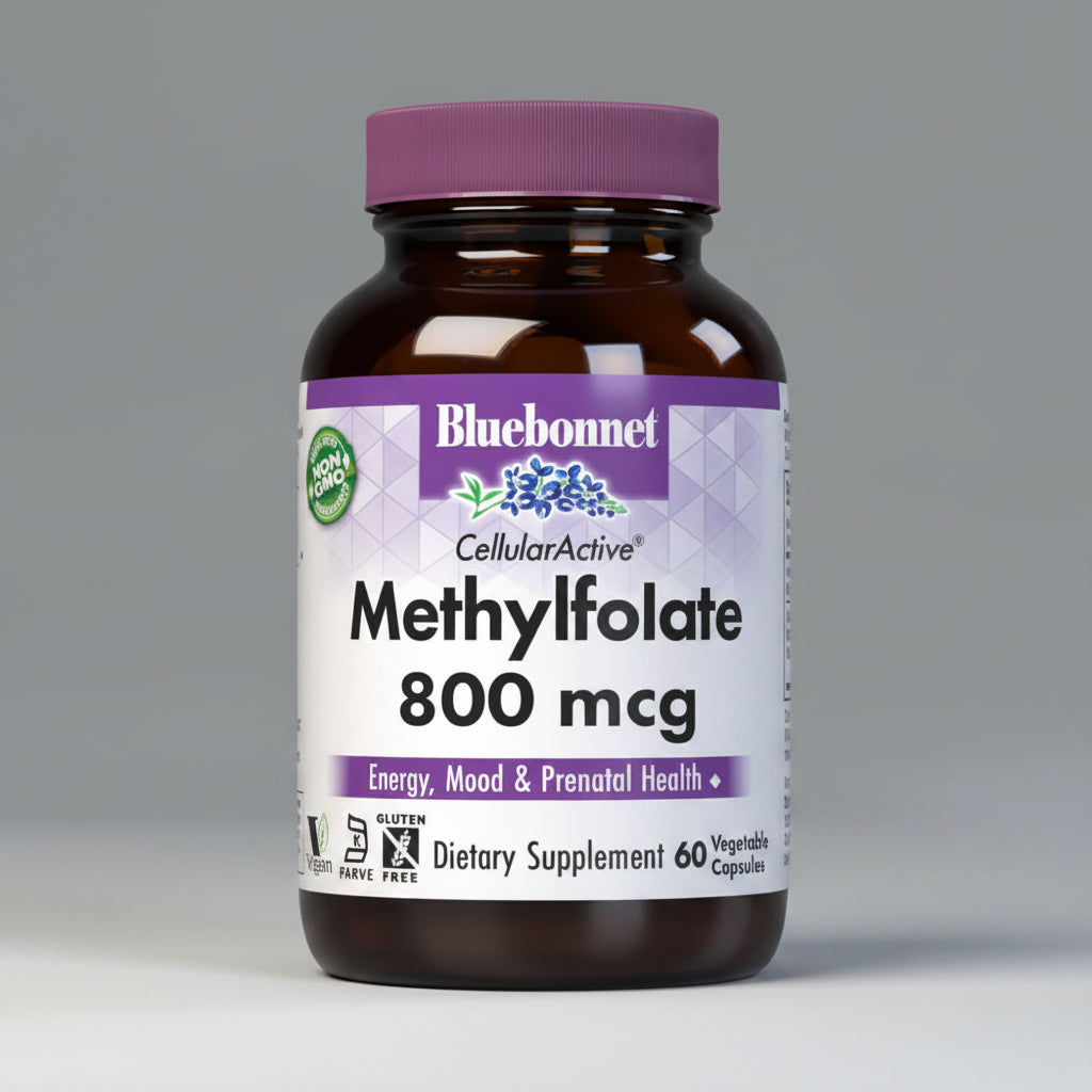 Bluebonnet Methylfolate 800 mcg dietary supplement bottle on a white background