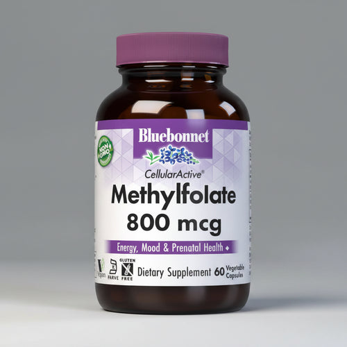 Bluebonnet Methylfolate 800 mcg dietary supplement bottle on a white background