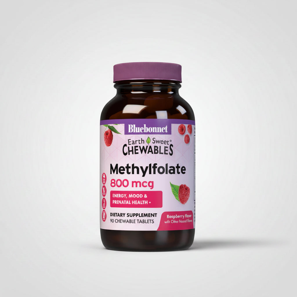 Bluebonnet Methylfolate supplement bottle with raspberry flavor on a white background