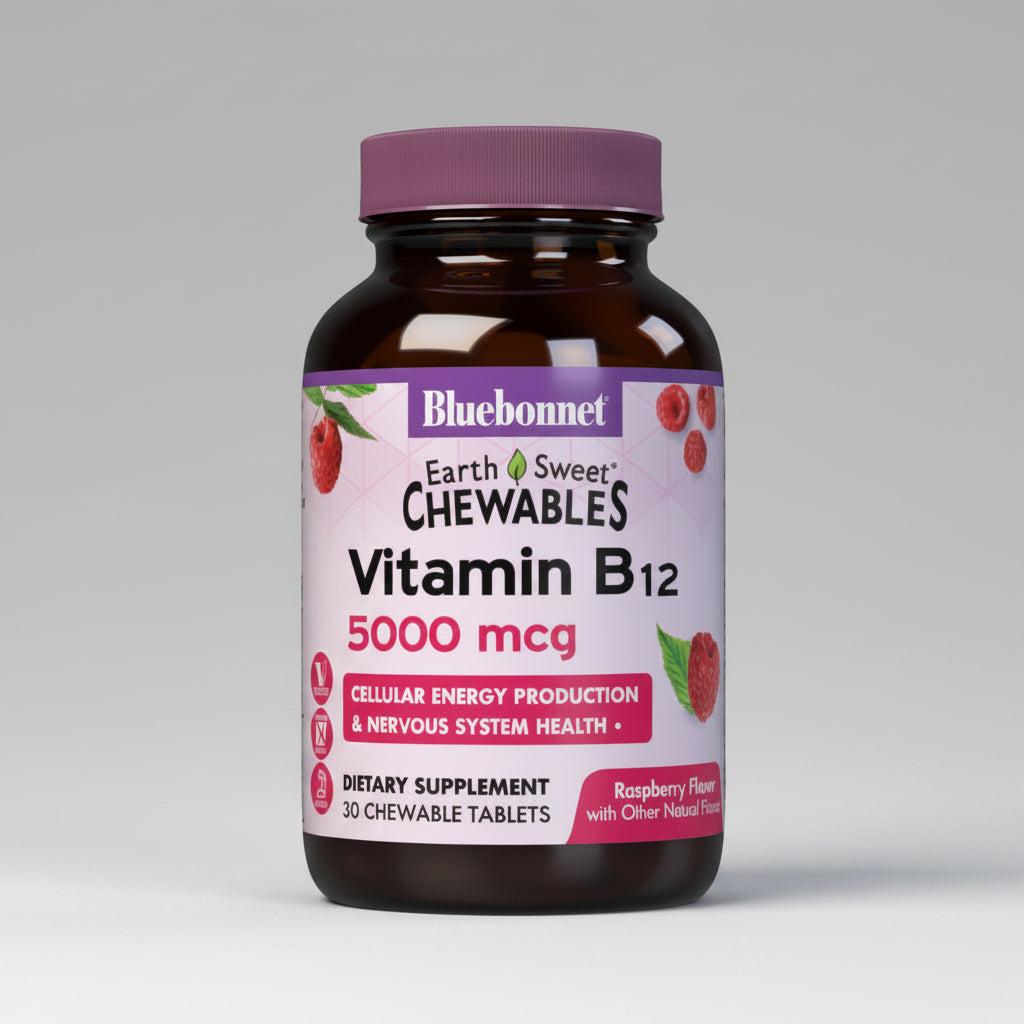 Bluebonnet Vitamin B12 chewable supplement bottle on a white background
