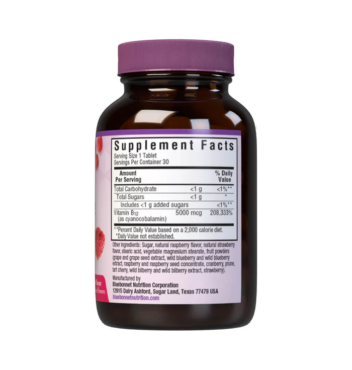 Supplement bottle with purple cap and label on a white background