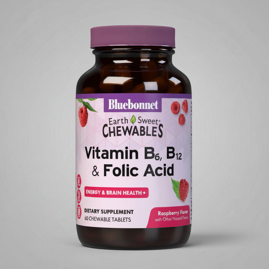 Bluebonnet Earth Sweet Chewables Vitamin B6, B12 & Folic Acid supplement bottle on a white background