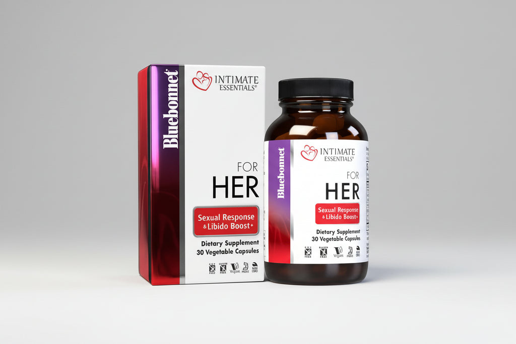 Intimate Essentials for Her supplement bottle and packaging on a gray background