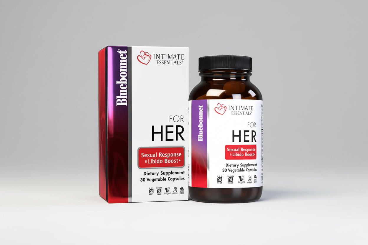 Intimate Essentials for Her supplement bottle and packaging on a gray background
