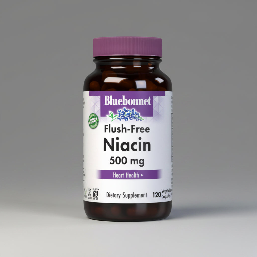 Bluebonnet Niacin supplement bottle on a white background