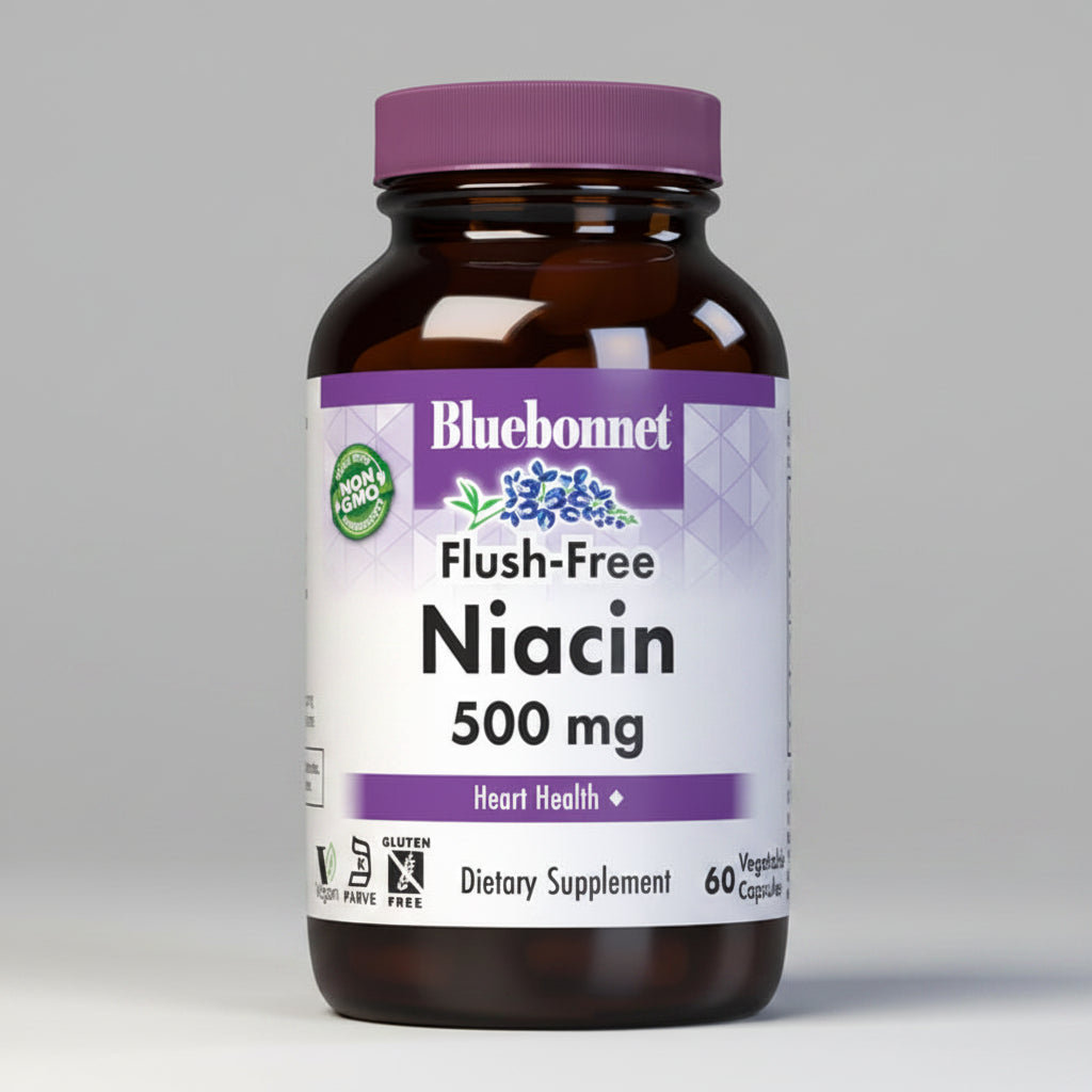 Bluebonnet Niacin 500 mg dietary supplement bottle on a white background