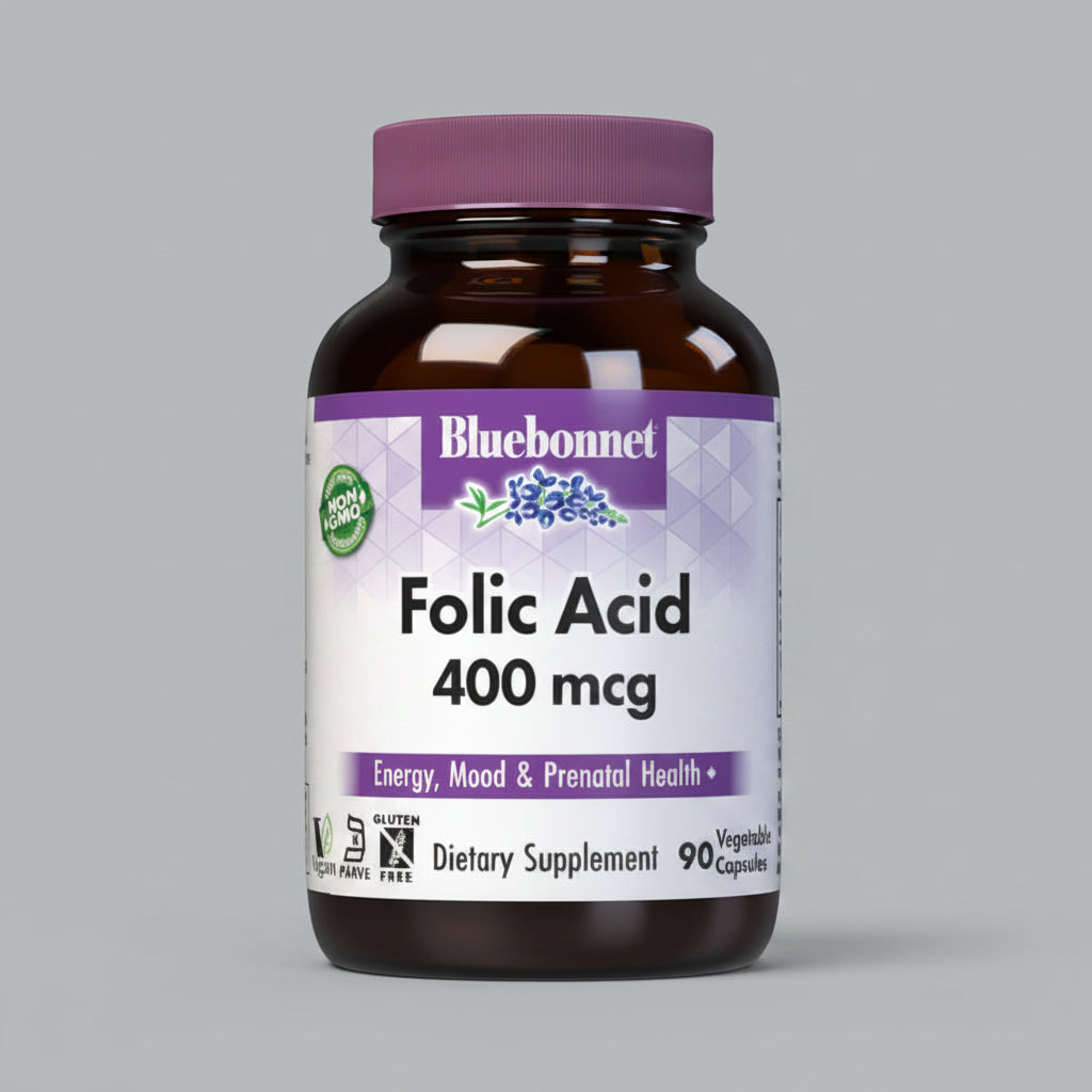 Bluebonnet Folic Acid 400 mcg dietary supplement bottle on a white background
