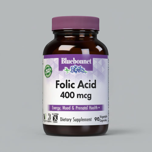Bluebonnet Folic Acid 400 mcg dietary supplement bottle on a white background