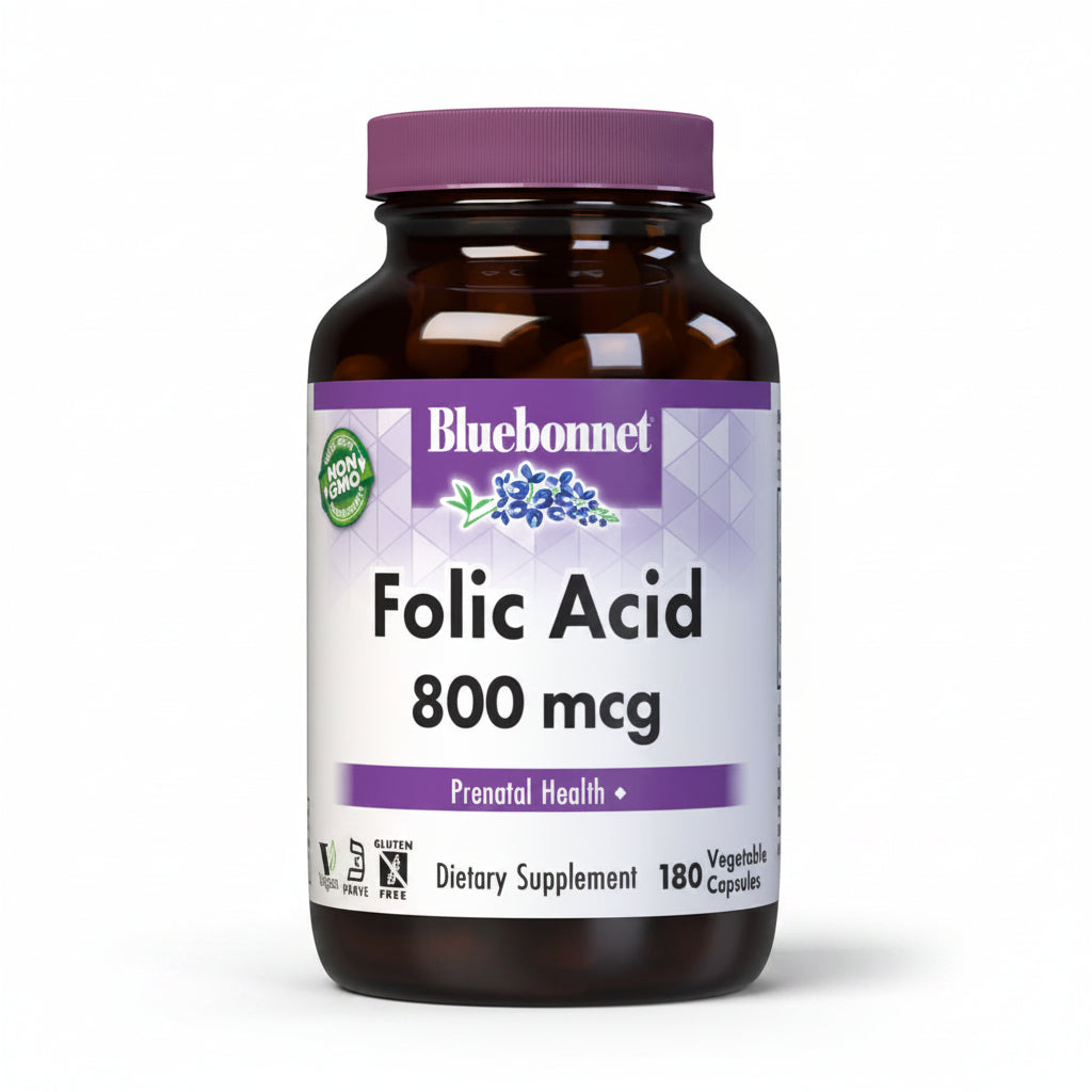 Bluebonnet Folic Acid supplement bottle on a white background