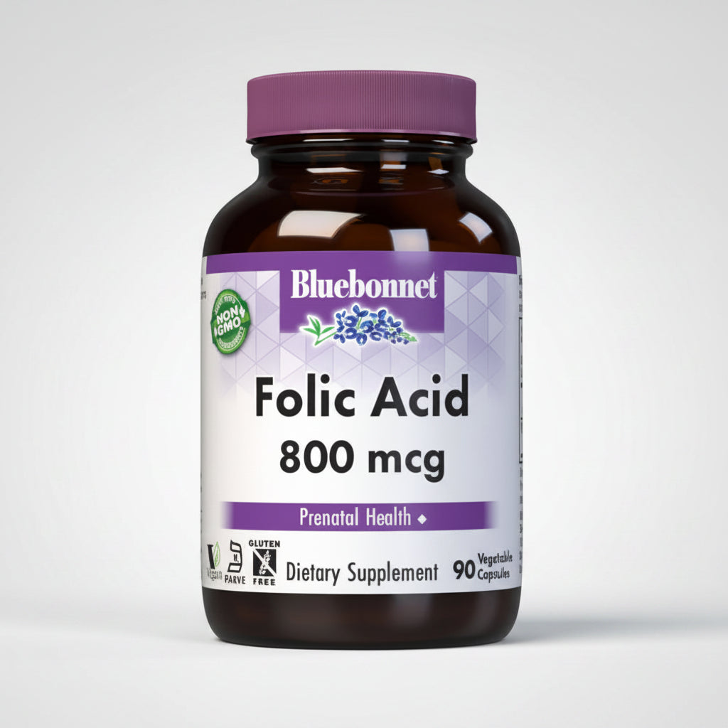 Bluebonnet Folic Acid supplement bottle on a white background
