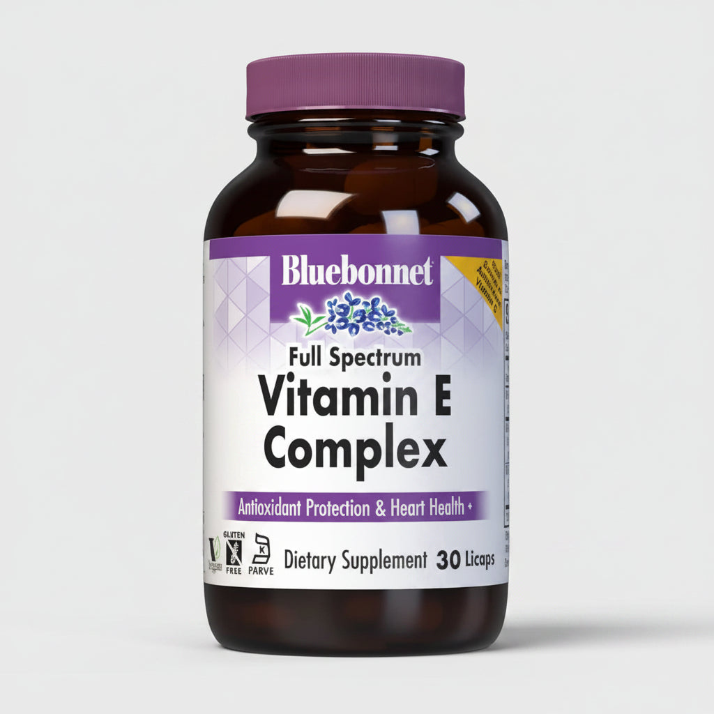 Bluebonnet Full Spectrum Vitamin E Complex dietary supplement bottle on a white background