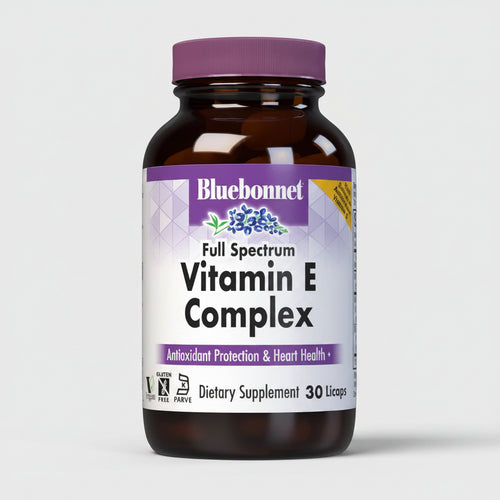 Bluebonnet Full Spectrum Vitamin E Complex dietary supplement bottle on a white background