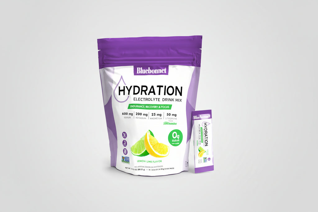 Bluebonnet Hydration Electrolyte Drink Mix package with lemon lime flavor on a white background