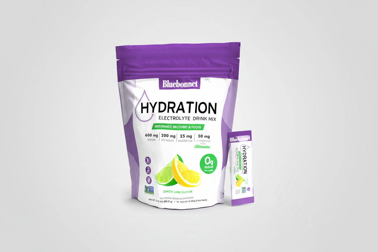Bluebonnet Hydration Electrolyte Drink Mix package with lemon lime flavor on a white background