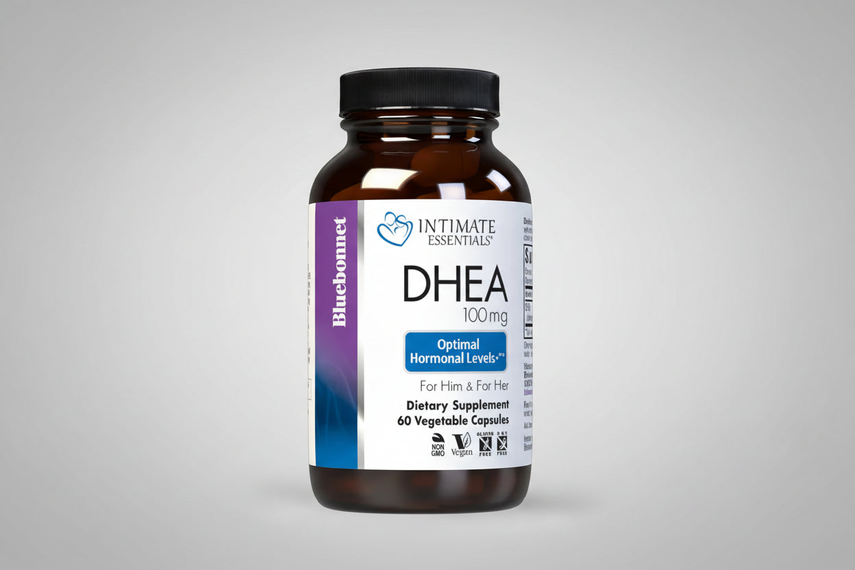 Bottle of DHEA supplement with label on a gray background