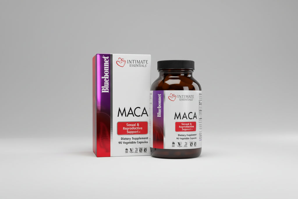 Maca supplement bottle and packaging on a gray background