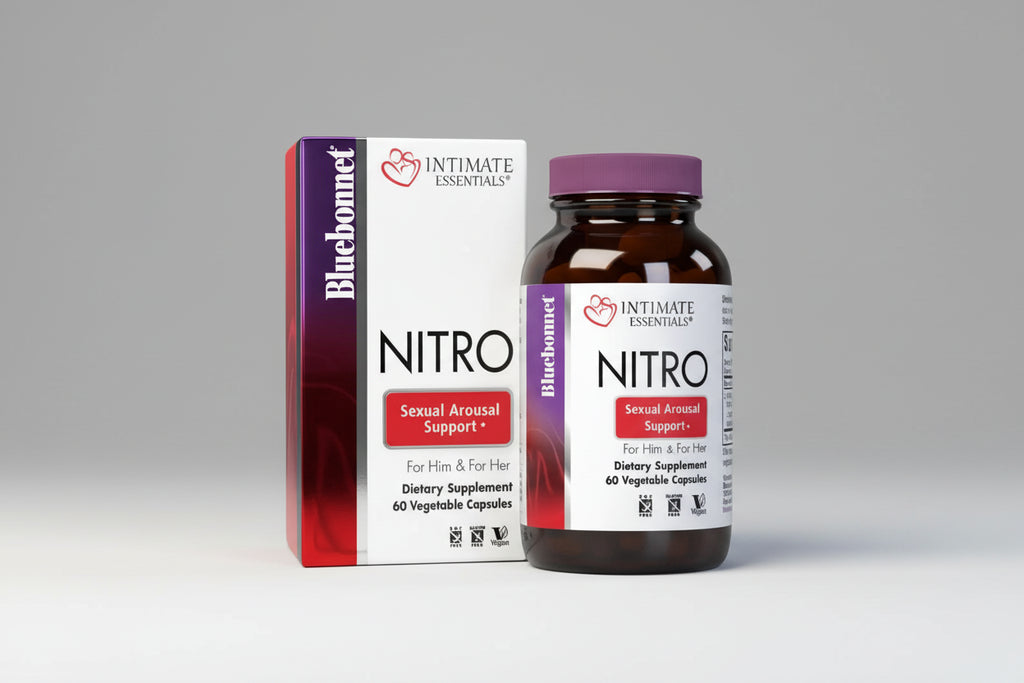Intimate Essentials Nitro supplement bottle and packaging on a gray background