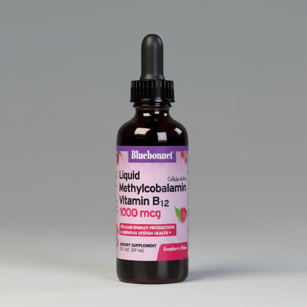Bottle of Bluebonnet Liquid Methylcobalamin Vitamin B12 on a white background