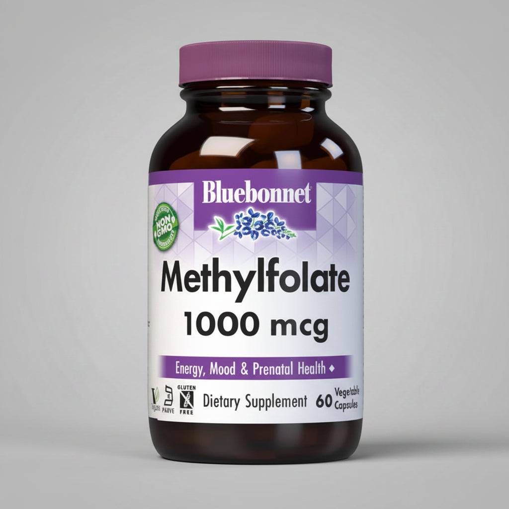 Bluebonnet Methylfolate 1000 mcg dietary supplement bottle on a white background