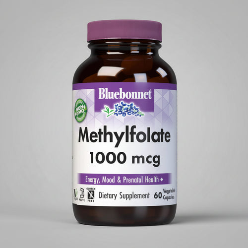 Bluebonnet Methylfolate 1000 mcg dietary supplement bottle on a white background