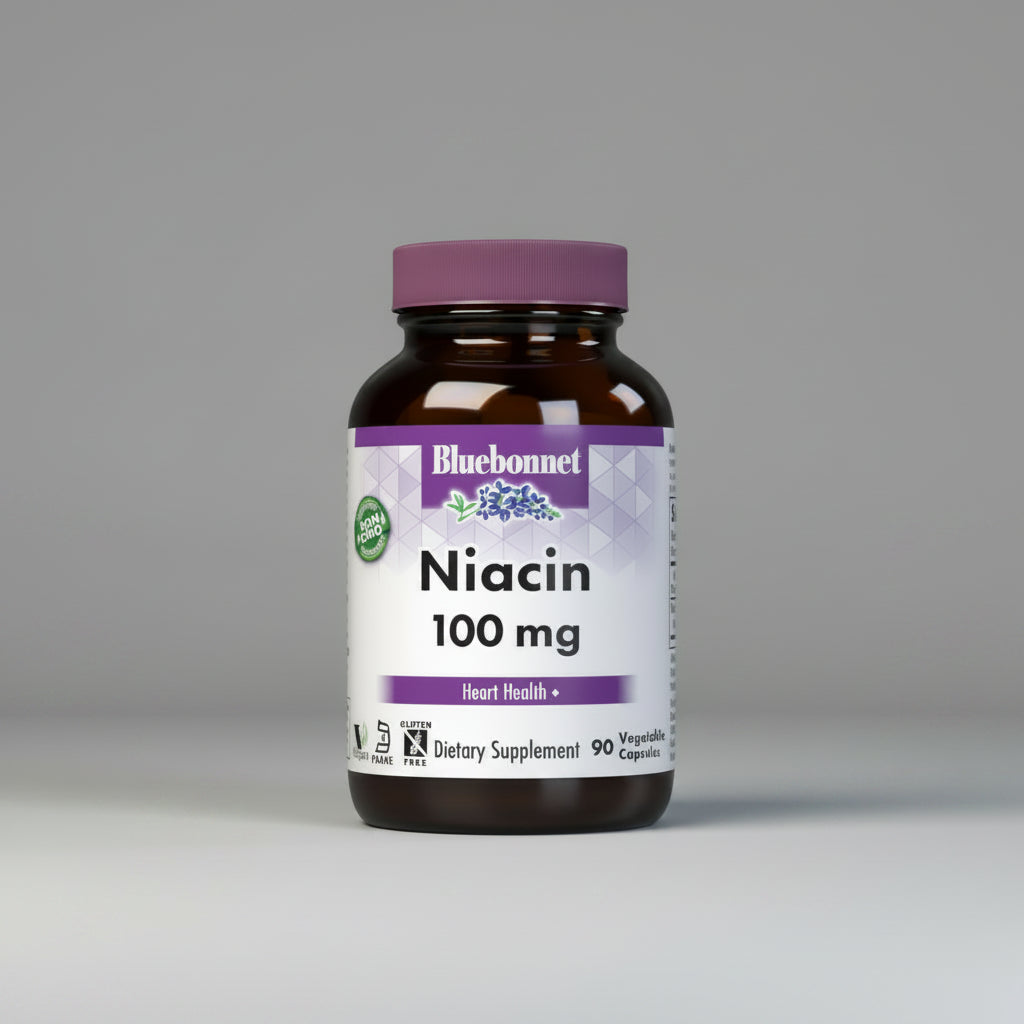 Bluebonnet Niacin 100 mg dietary supplement bottle on a white background