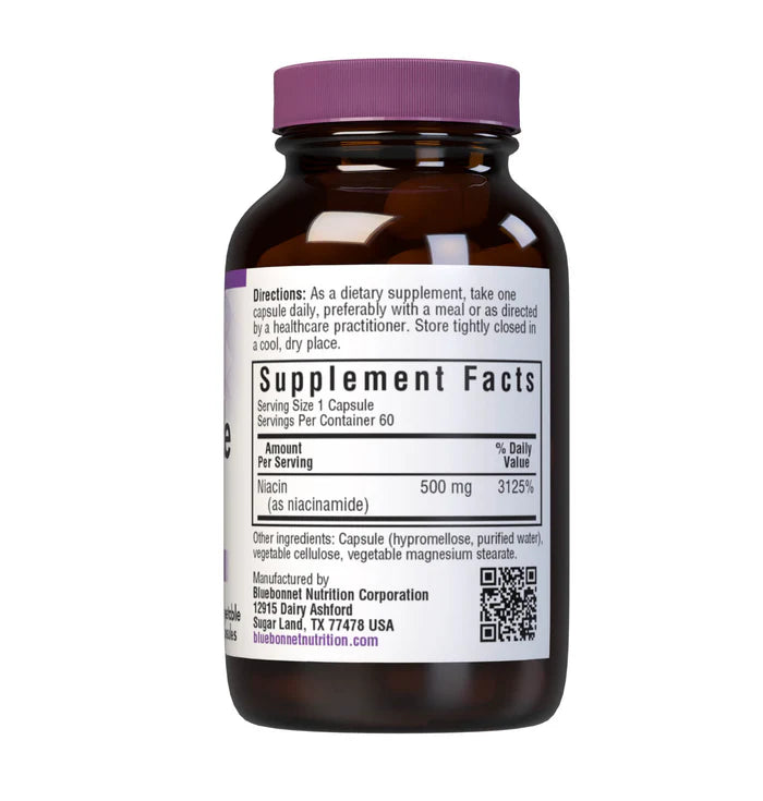 Supplement bottle with purple cap and label on a white background