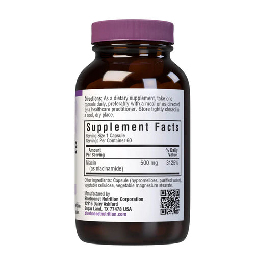 Supplement bottle with purple cap and label on a white background