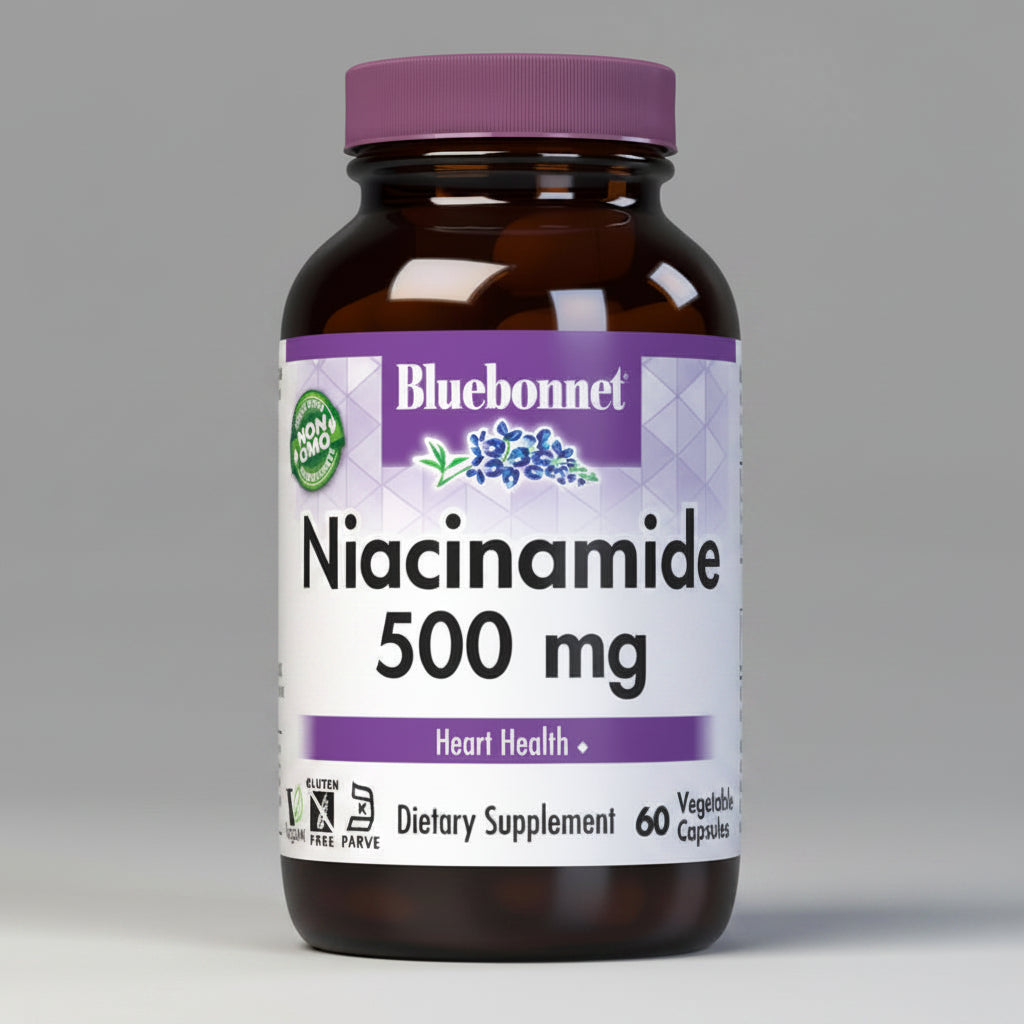 Bluebonnet Niacinamide 500 mg dietary supplement bottle on a white background