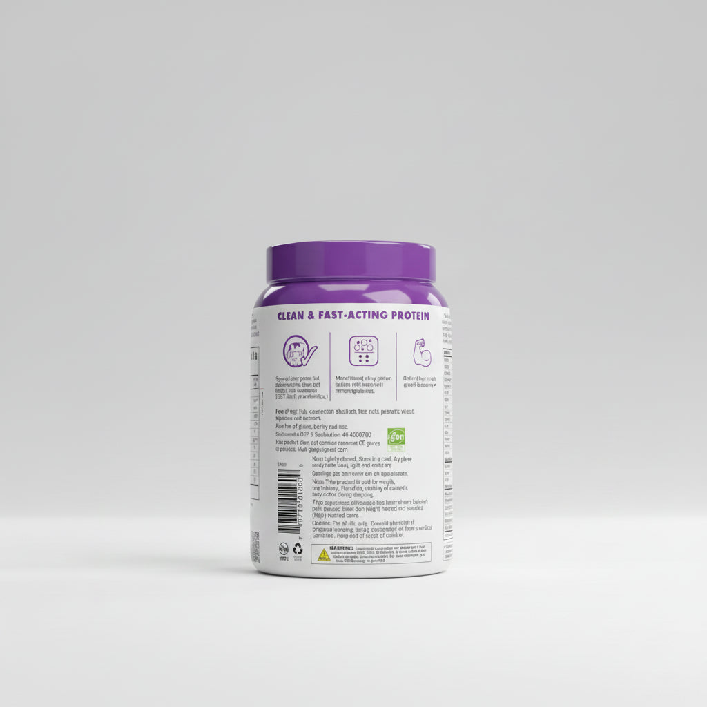 Protein powder container with purple lid and label on a white background