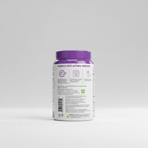 Protein powder container with purple lid and label on a white background