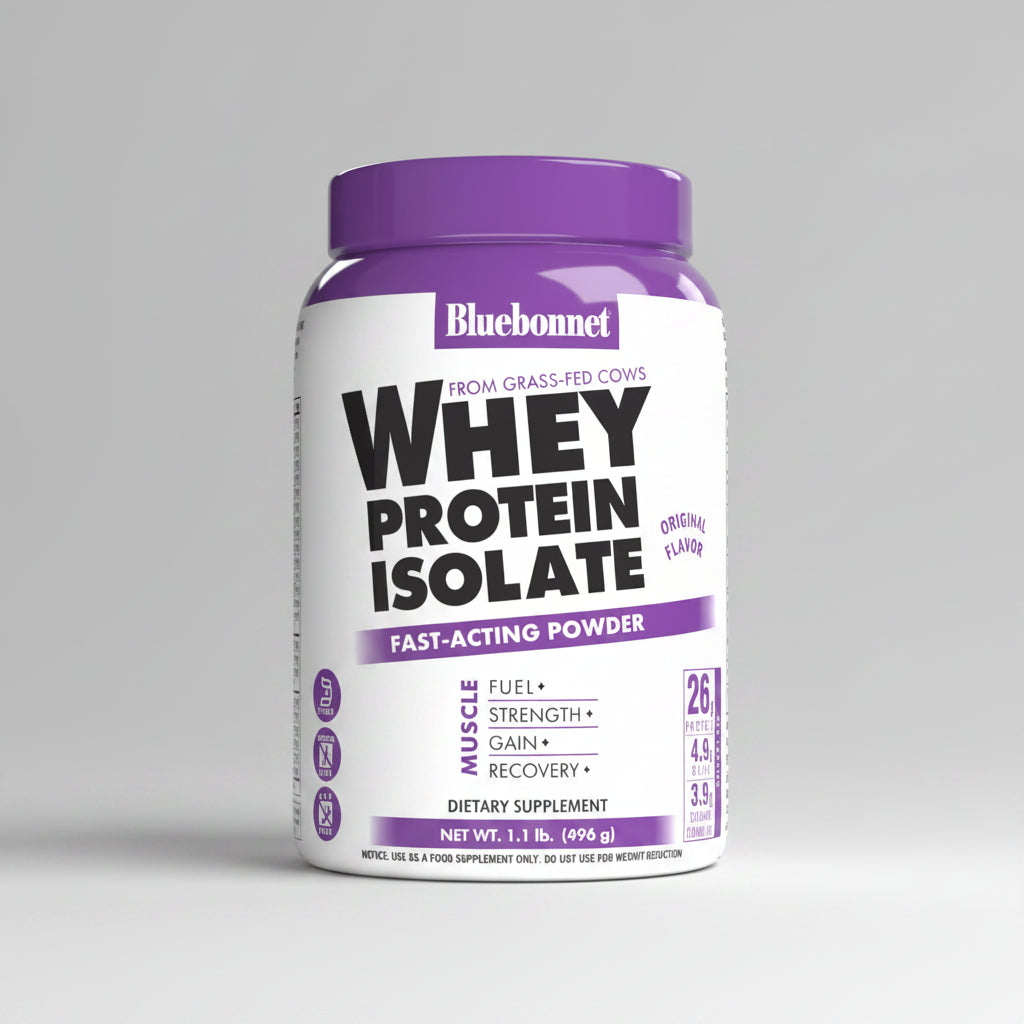 Bluebonnet whey protein isolate powder container on a white background