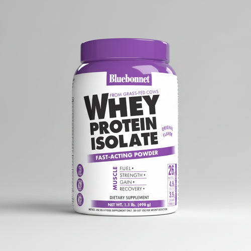 Bluebonnet whey protein isolate powder container on a white background