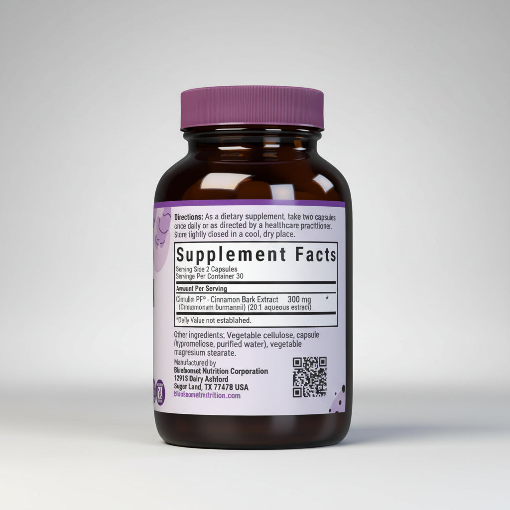 Supplement bottle with purple cap and label on a white background