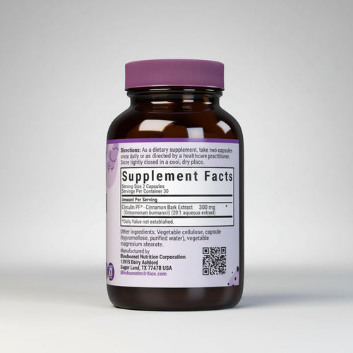 Supplement bottle with purple cap and label on a white background