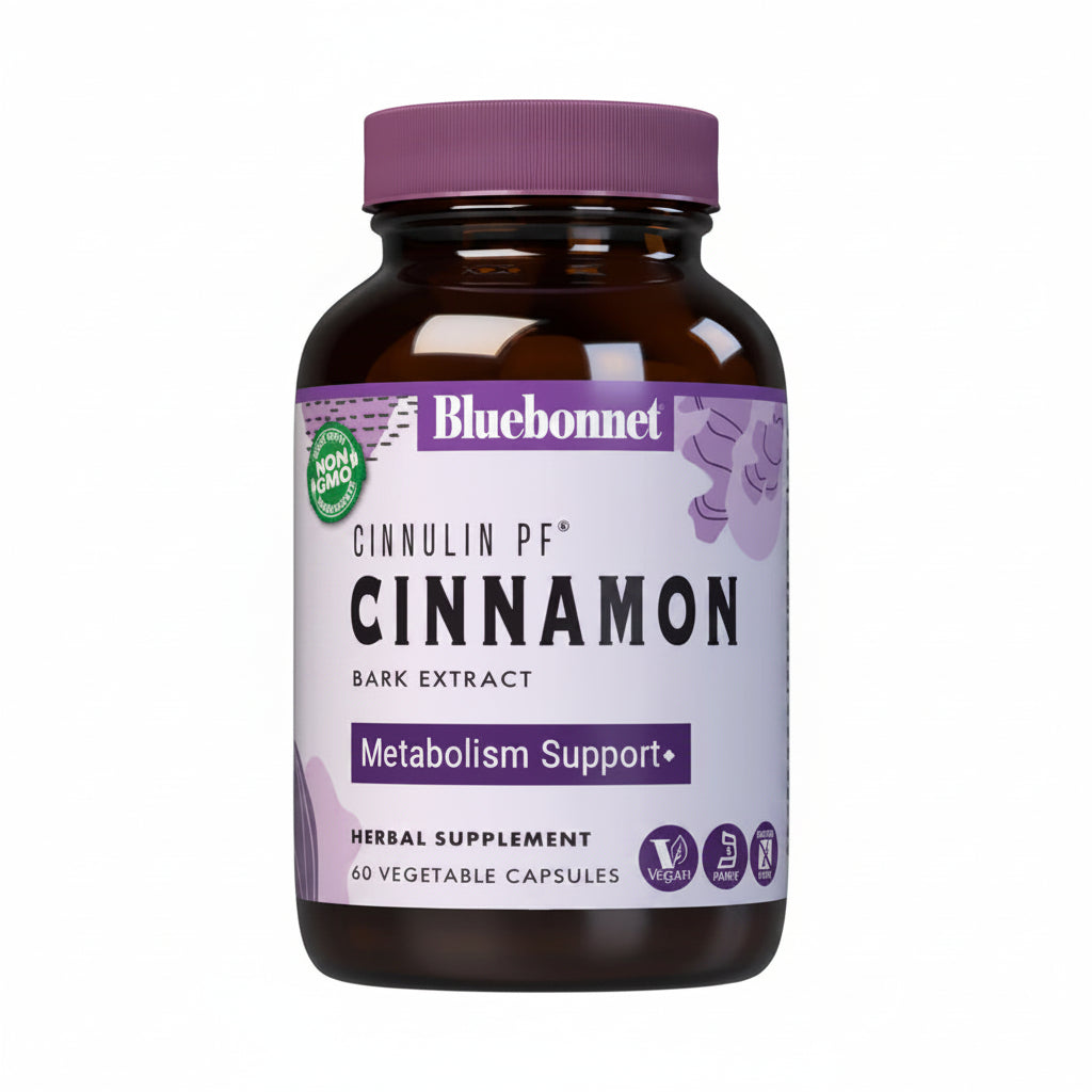 Bluebonnet Cinnulin PF Cinnamon supplement bottle on a white background
