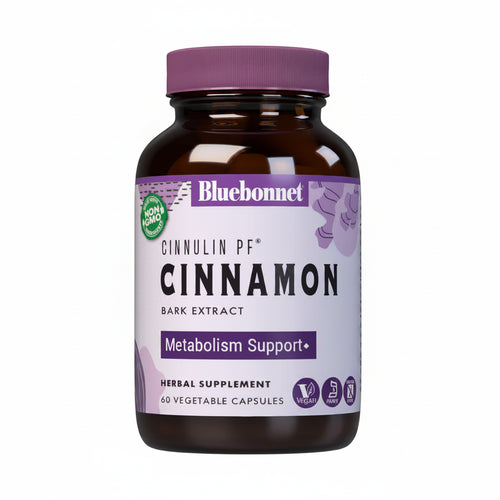 Bluebonnet Cinnulin PF Cinnamon supplement bottle on a white background